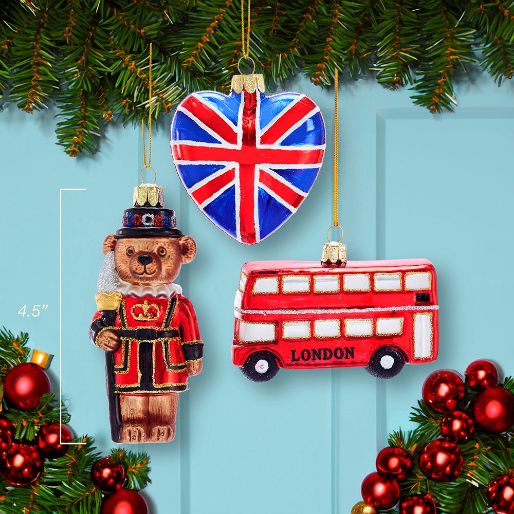 Kurt Adler 4.5-Inch Britain Inspired Glass Ornaments, Set of 3